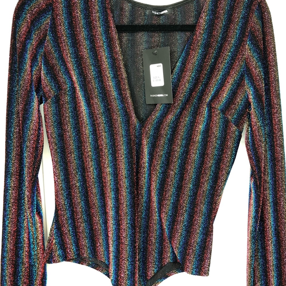 Fashion Nova Rainbow Striped Shimmer Bodysuit